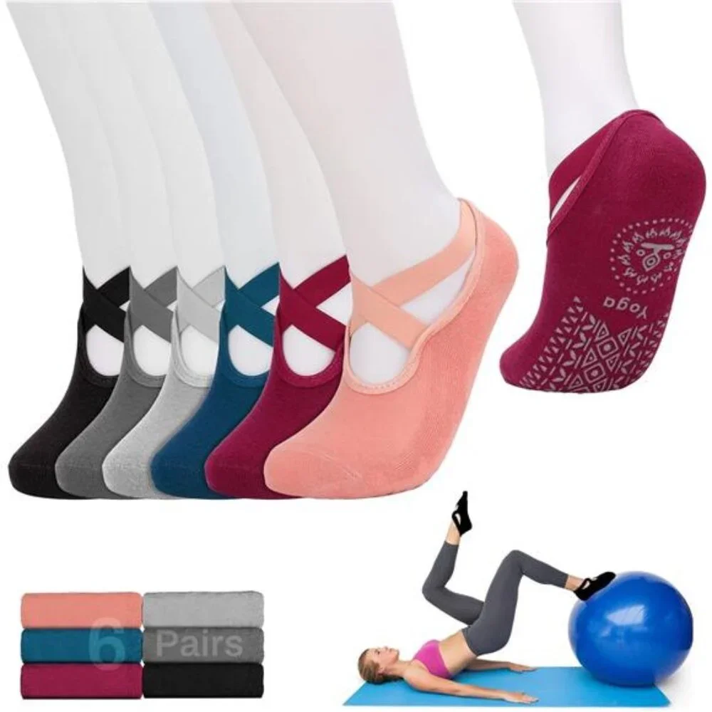 6 Pairs Women's Pilates Socks Non-Slip Yoga Socks with Grips & Straps